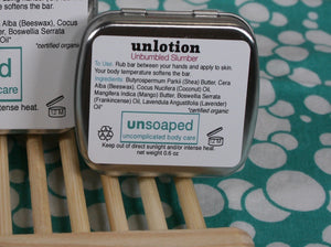 unlotion solid lotion bar small 0.6 ounce metal hinged container with product label